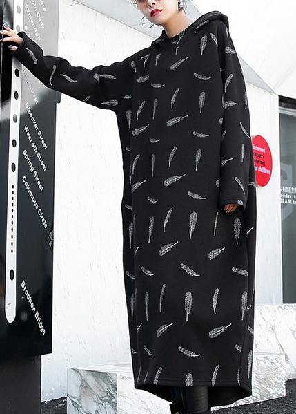 French black print cotton clothes Women hooded pockets A Line Dress - SooLinen