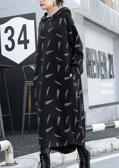 French black print cotton clothes Women hooded pockets A Line Dress - SooLinen