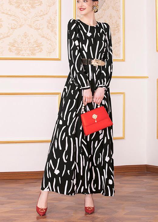 French black prints chiffon clothes tie waist Maxi big hem Dress - SooLinen