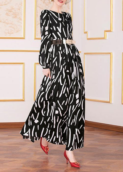 French black prints chiffon clothes tie waist Maxi big hem Dress - SooLinen