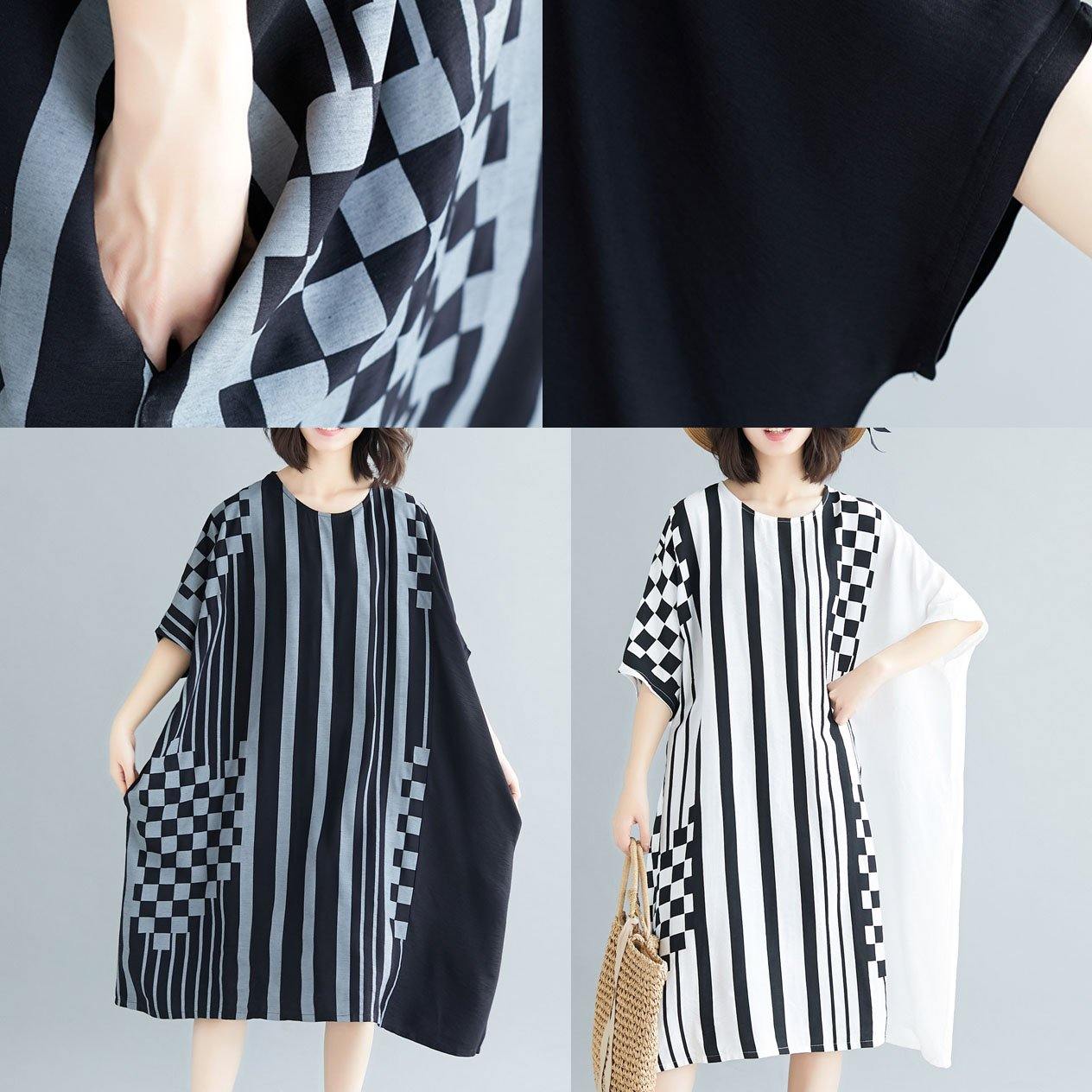 French black striped Cotton dresses o neck asymmetric Art summer Dress - SooLinen