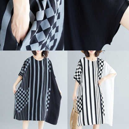 French black striped Cotton dresses o neck asymmetric Art summer Dress - SooLinen