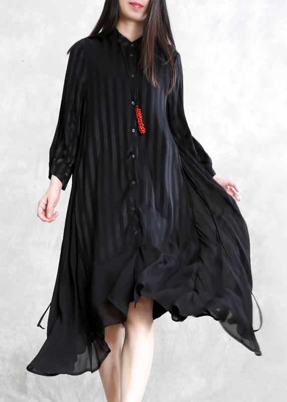 French black striped Fashion tunic pattern Neckline stand collar patchwork cardigan - SooLinen