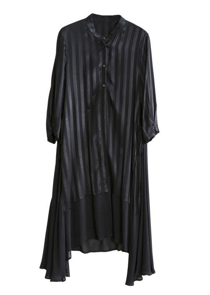 French black striped Fashion tunic pattern Neckline stand collar patchwork cardigan - SooLinen