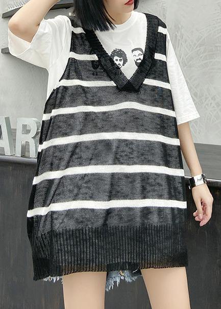 French black striped shirts v neck summer shirt - SooLinen