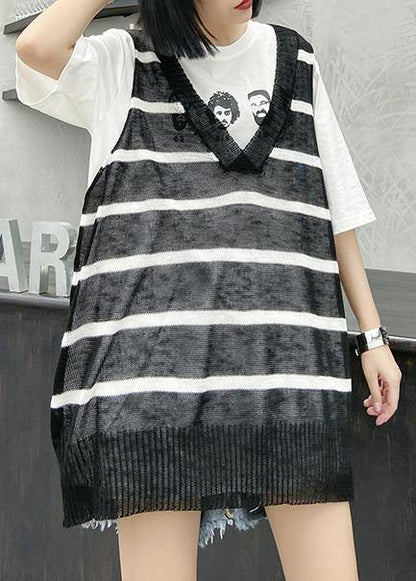 French black striped shirts v neck summer shirt - SooLinen