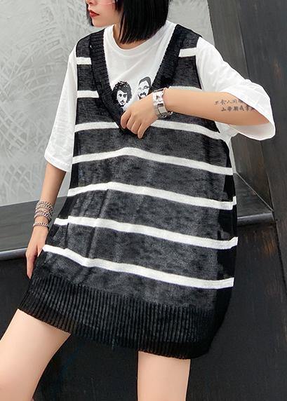 French black striped shirts v neck summer shirt - SooLinen