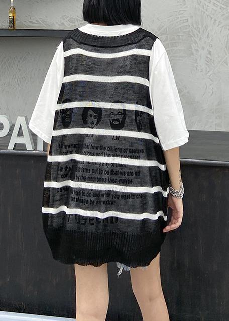 French black striped shirts v neck summer shirt - SooLinen