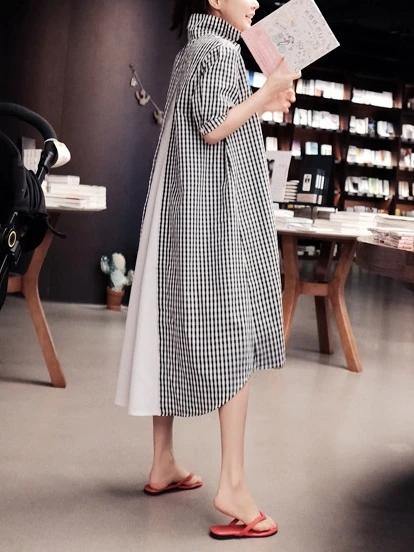 French black white plaid Cotton clothes lapel low high design cotton Dress - SooLinen