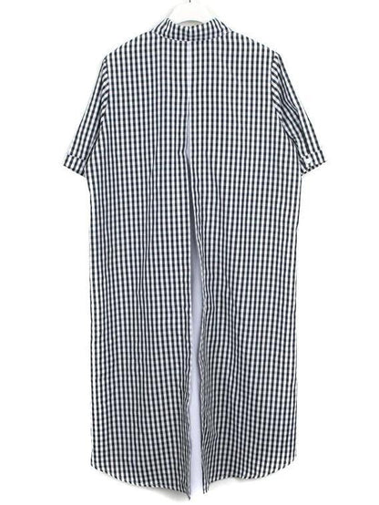 French black white plaid Cotton clothes lapel low high design cotton Dress - SooLinen