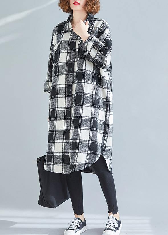 French black white plaid cotton top silhouette lapel pockets cotton tops - SooLinen