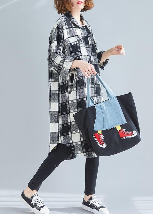 French black white plaid cotton top silhouette lapel pockets cotton tops - SooLinen