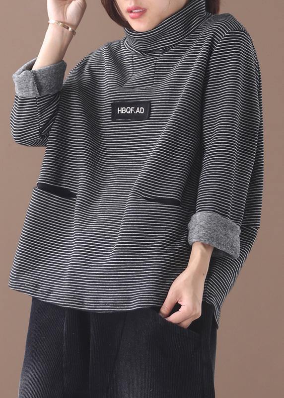 French black white striped cotton Blouse thick box high neck shirt - SooLinen