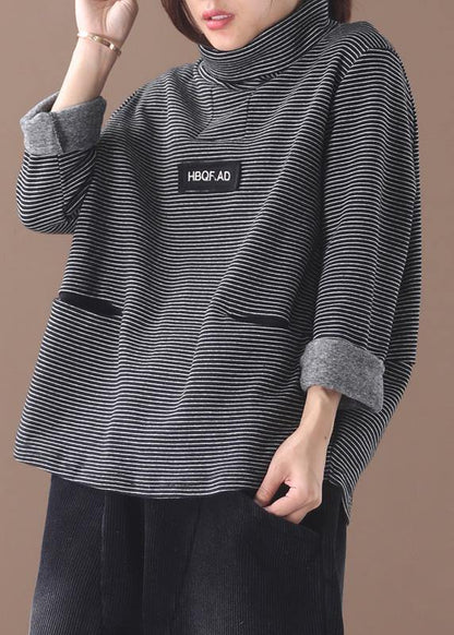 French black white striped cotton Blouse thick box high neck shirt - SooLinen