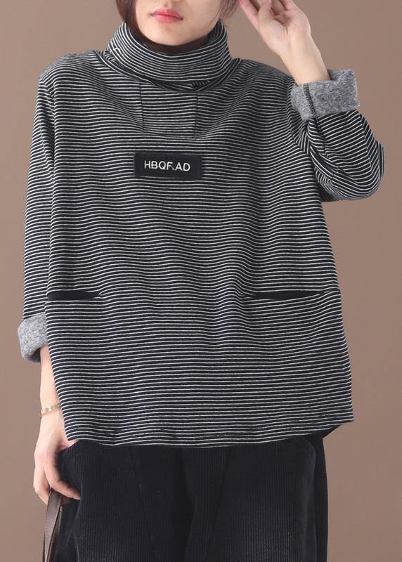French black white striped cotton Blouse thick box high neck shirt - SooLinen