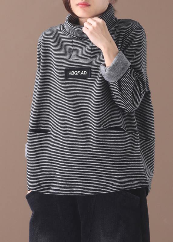 French black white striped cotton Blouse thick box high neck shirt - SooLinen