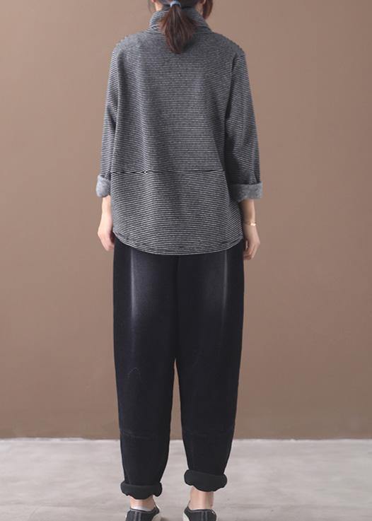 French black white striped cotton Blouse thick box high neck shirt - SooLinen