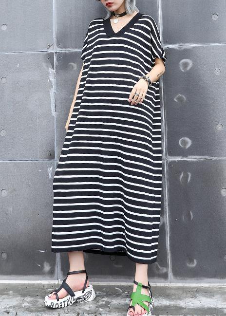 French black white striped cotton quilting dresses v neck A Line summer Dress - SooLinen