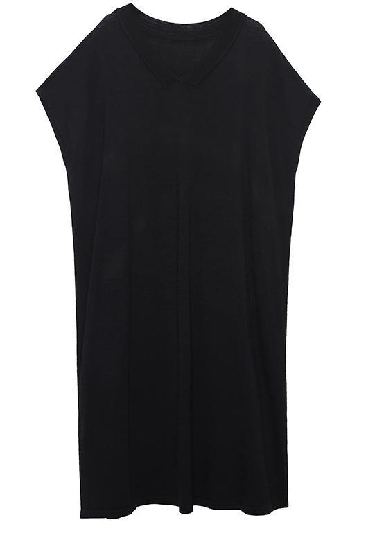 French black white striped cotton quilting dresses v neck A Line summer Dress - SooLinen