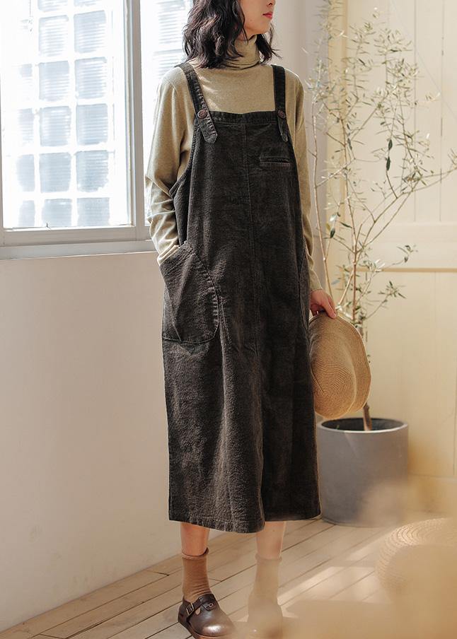 French blackish green cotton quilting clothes Spaghetti Strap pockets Maxi Dresses - SooLinen