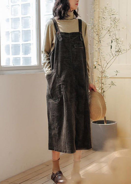 French blackish green cotton quilting clothes Spaghetti Strap pockets Maxi Dresses - SooLinen