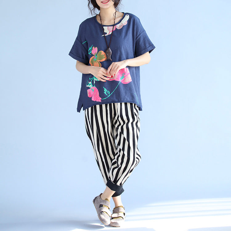 Französisches Tunika-Oberteil aus Baumwolle mit blauem Aufdruck, taillierte Tutorials, kurzärmelige, lockere Bluse