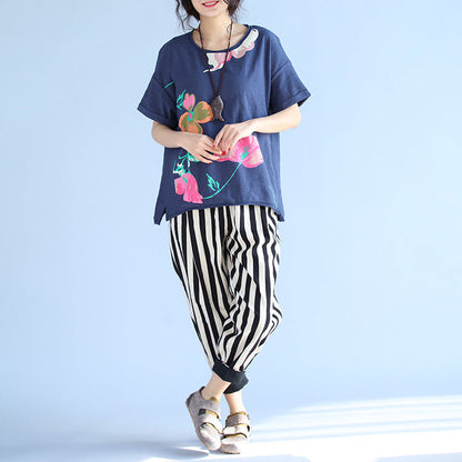 Französisches Tunika-Oberteil aus Baumwolle mit blauem Aufdruck, taillierte Tutorials, kurzärmelige, lockere Bluse