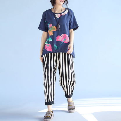 Französisches Tunika-Oberteil aus Baumwolle mit blauem Aufdruck, taillierte Tutorials, kurzärmelige, lockere Bluse