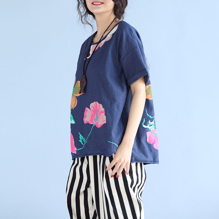 Französisches Tunika-Oberteil aus Baumwolle mit blauem Aufdruck, taillierte Tutorials, kurzärmelige, lockere Bluse