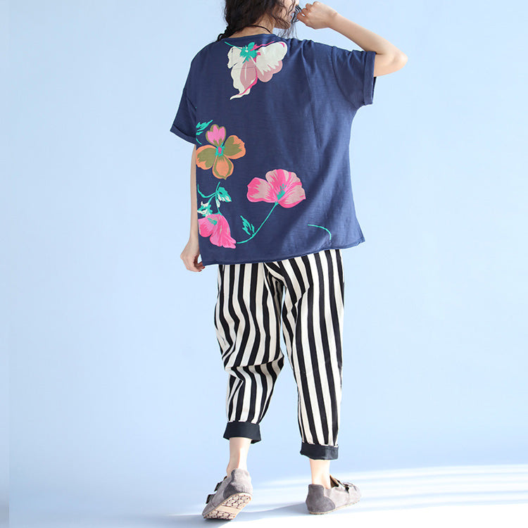 Französisches Tunika-Oberteil aus Baumwolle mit blauem Aufdruck, taillierte Tutorials, kurzärmelige, lockere Bluse