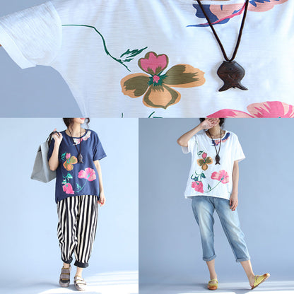 Französisches Tunika-Oberteil aus Baumwolle mit blauem Aufdruck, taillierte Tutorials, kurzärmelige, lockere Bluse