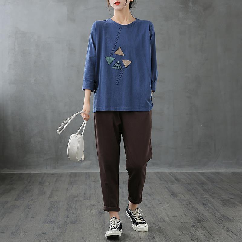 French blue tops women o neck patchwork Art top - SooLinen