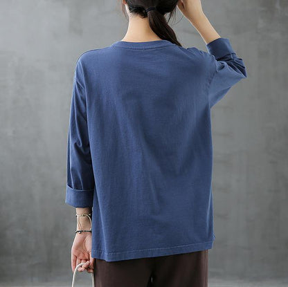 French blue tops women o neck patchwork Art top - SooLinen