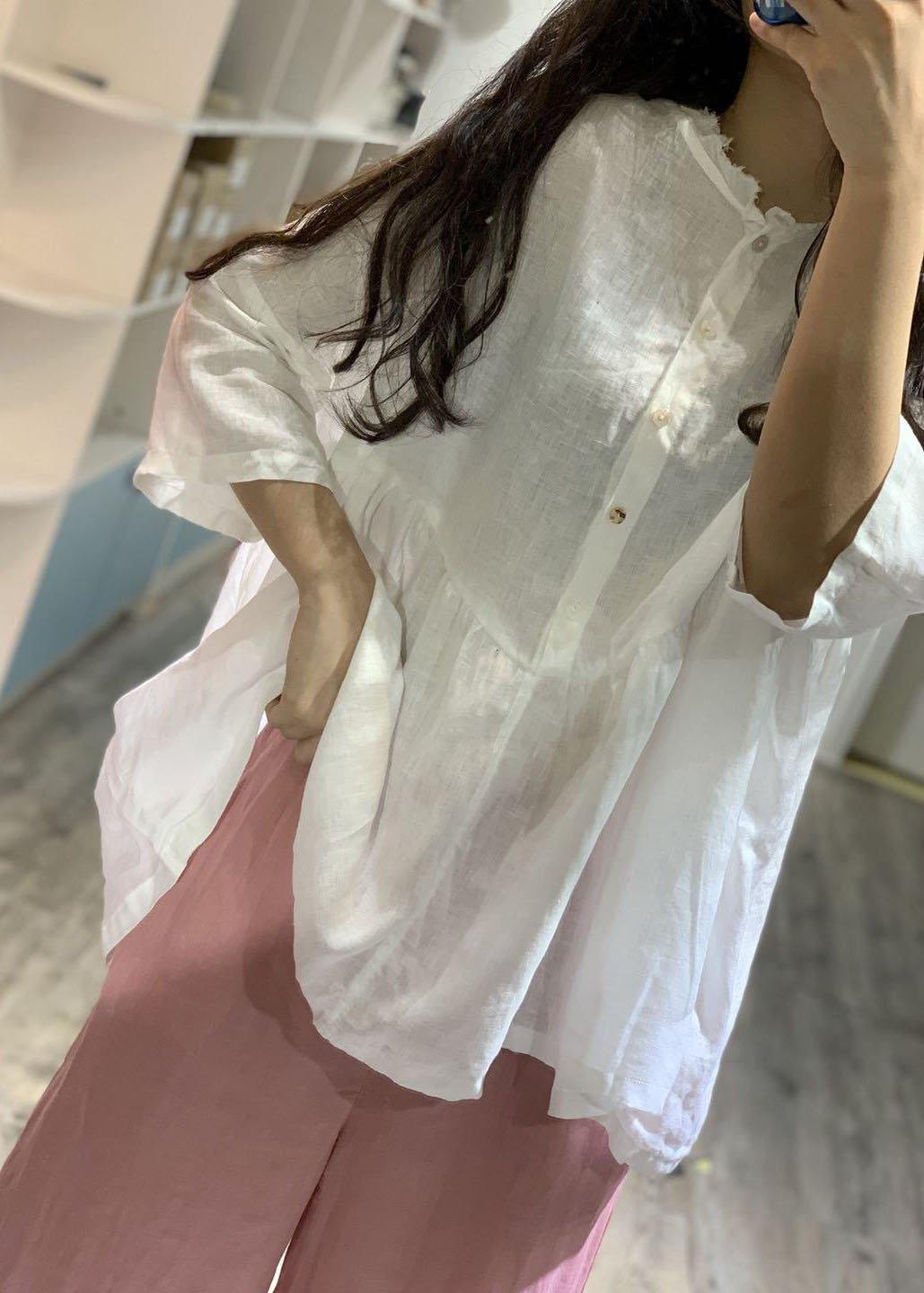 French bracelet sleeved linen top silhouette Christmas Gifts white shirt fall - SooLinen