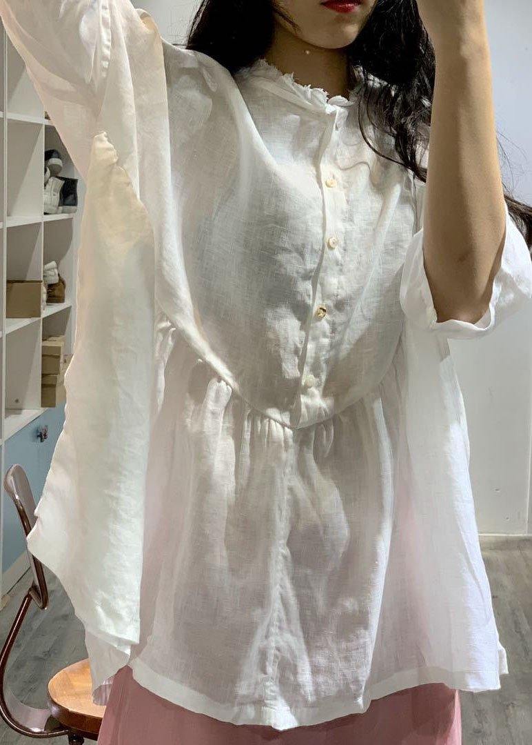 French bracelet sleeved linen top silhouette Christmas Gifts white shirt fall - SooLinen
