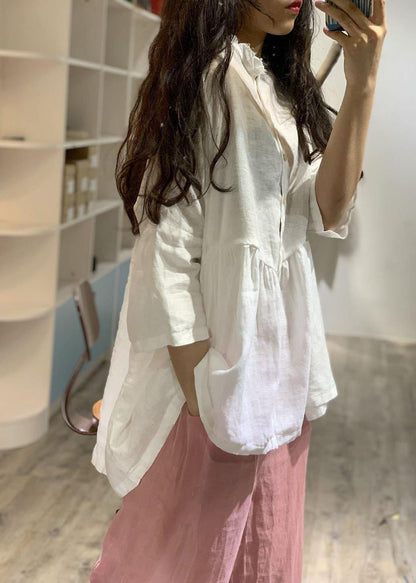 French bracelet sleeved linen top silhouette Christmas Gifts white shirt fall - SooLinen