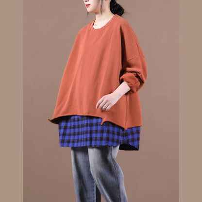 French brown blouses for women o neck patchwork Knee top - SooLinen