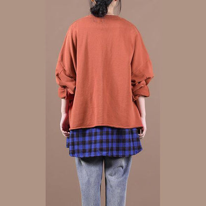 French brown blouses for women o neck patchwork Knee top - SooLinen