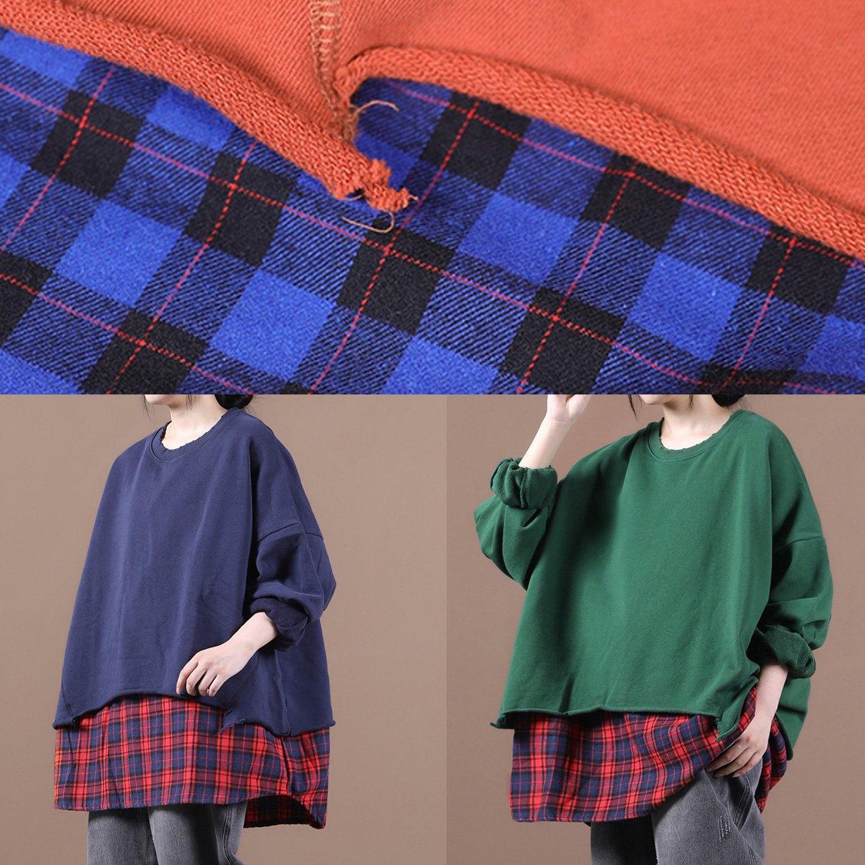 French brown blouses for women o neck patchwork Knee top - SooLinen