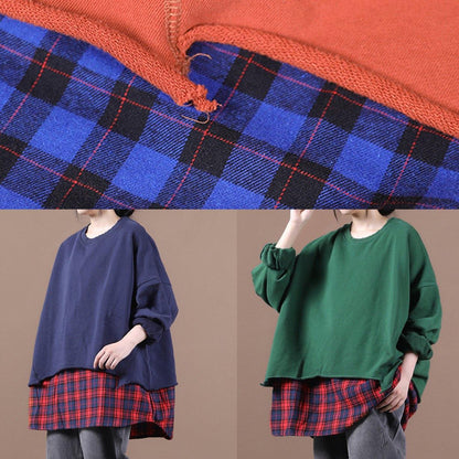 French brown blouses for women o neck patchwork Knee top - SooLinen