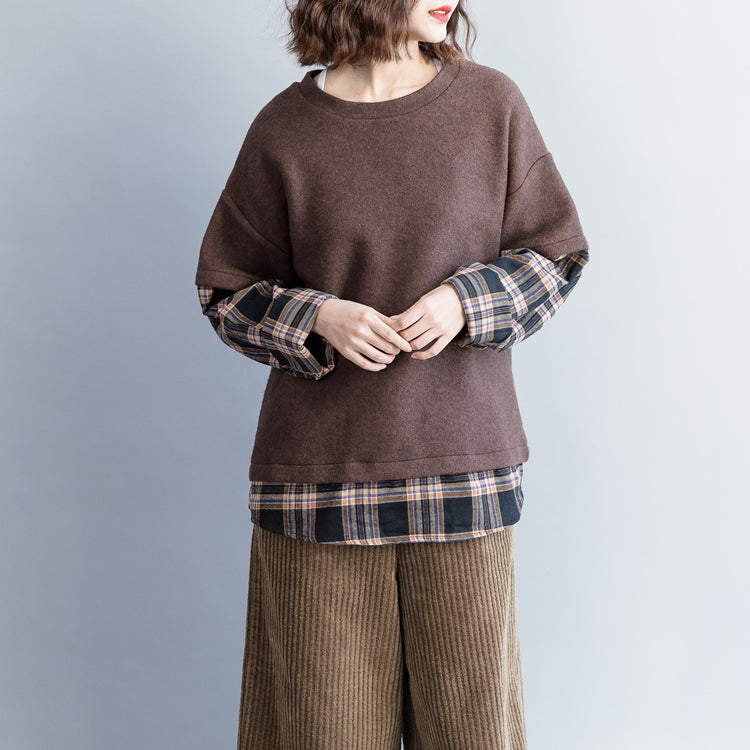 Französische braune Baumwollkleidung Bio-Tunika-Tops Tunika O-Ausschnitt Patchwork-Blusen