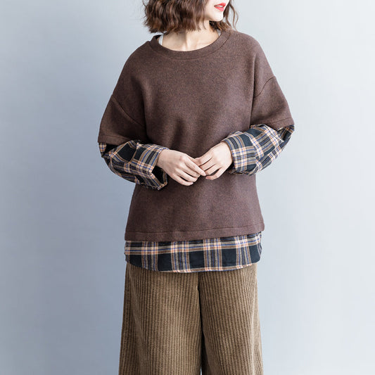 Französische braune Baumwollkleidung Bio-Tunika-Tops Tunika O-Ausschnitt Patchwork-Blusen