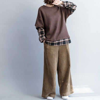 Französische braune Baumwollkleidung Bio-Tunika-Tops Tunika O-Ausschnitt Patchwork-Blusen