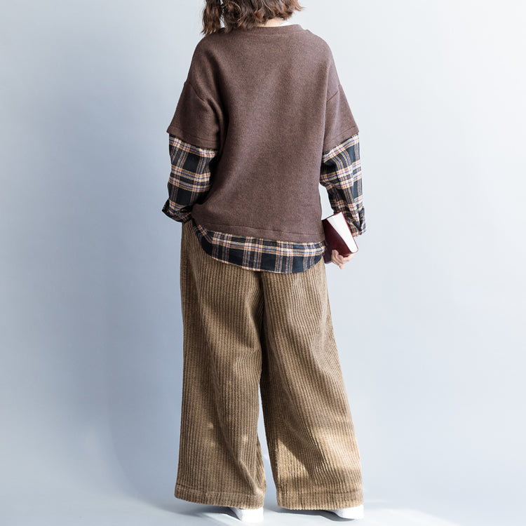 Französische braune Baumwollkleidung Bio-Tunika-Tops Tunika O-Ausschnitt Patchwork-Blusen