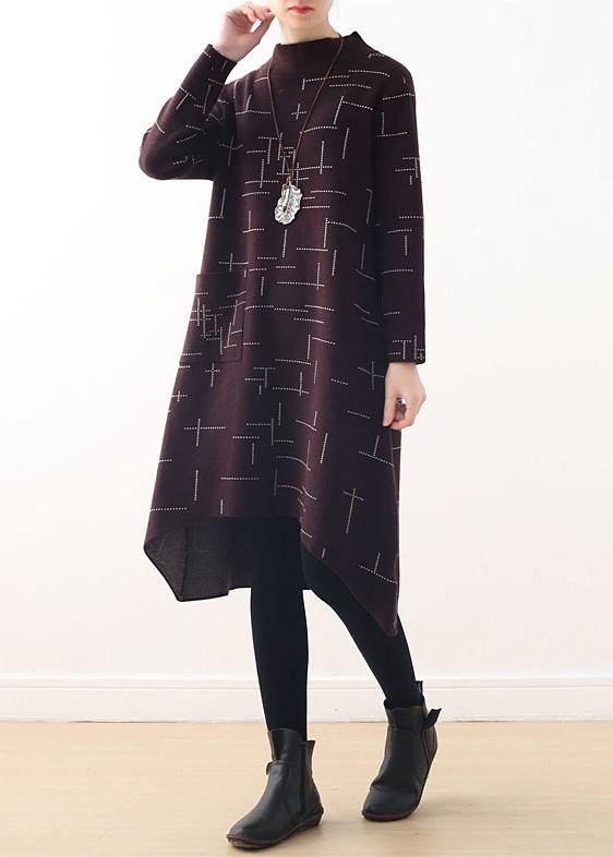 French burgundy plaid clothes For Women high neck Kaftan fall Dress - SooLinen