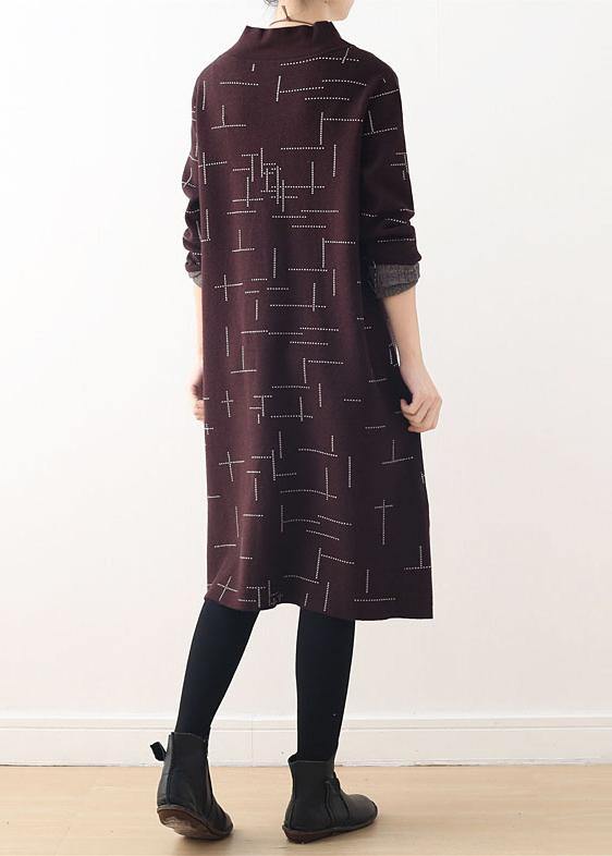 French burgundy plaid clothes For Women high neck Kaftan fall Dress - SooLinen