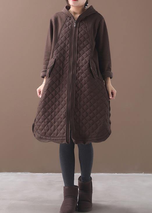 French chocolate Plus Size coats women Inspiration hooded patchwork coats - SooLinen