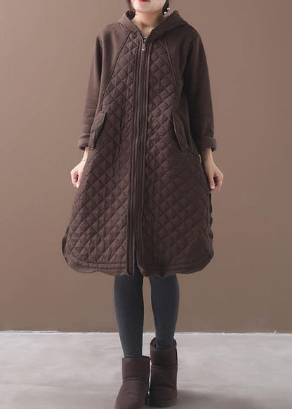 French chocolate Plus Size coats women Inspiration hooded patchwork coats - SooLinen