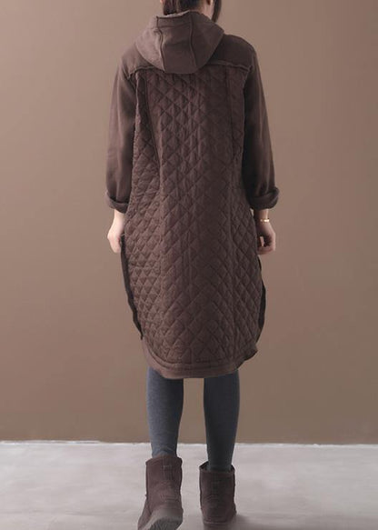 French chocolate Plus Size coats women Inspiration hooded patchwork coats - SooLinen