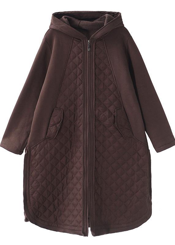 French chocolate Plus Size coats women Inspiration hooded patchwork coats - SooLinen